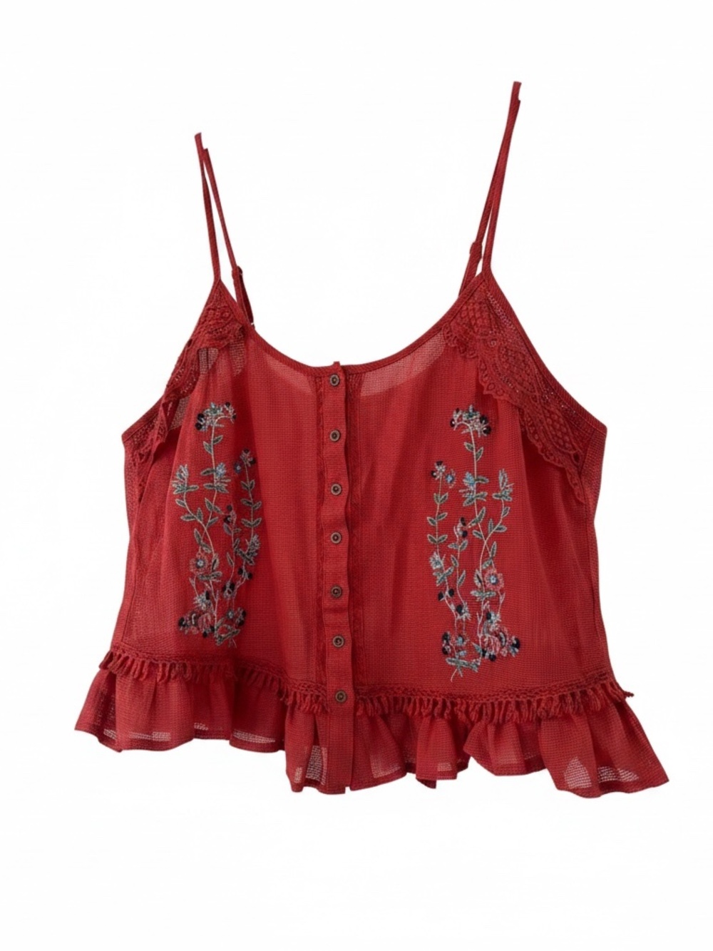 Boho Floral Embroidered Crop Tank Top Rust Red Crochet Lace Ruffle Hem Button